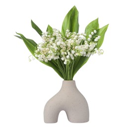 Photo of Bouquet of beautiful lily of the valley flowers isolated on white