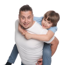 Photo of Father and his son having fun together on white background
