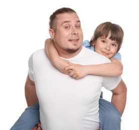 Photo of Father and his son having fun together on white background