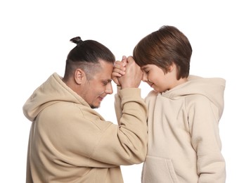 Photo of Father with his son on white background