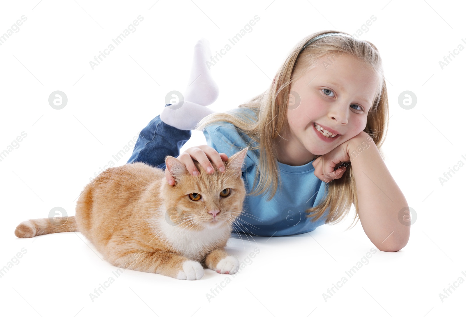 Photo of Little girl with her cute ginger cat on white background