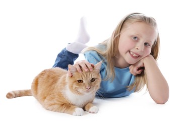 Photo of Little girl with her cute ginger cat on white background