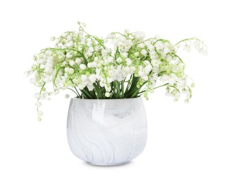 Photo of Bouquet of beautiful lily of the valley flowers isolated on white