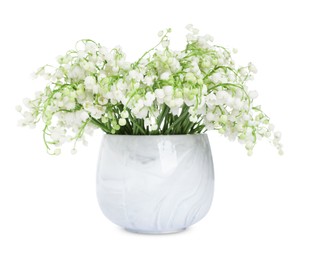 Photo of Bouquet of beautiful lily of the valley flowers isolated on white