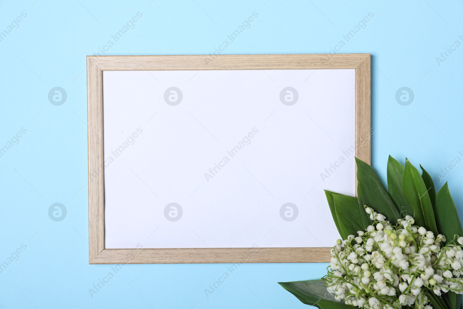 Beautiful lily-of-the-valley flowers and blank frame on light blue background, top view. Space for text Photo of Beautiful lily-of-the-valley flowers and blank frame on light blue background, top view. Space for text
