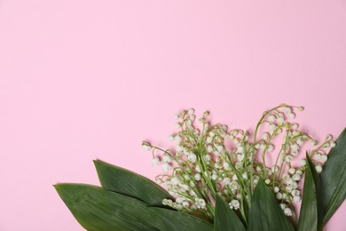 Photo of Beautiful lily-of-the-valley flowers and leaves on light pink background, flat lay. Space for text