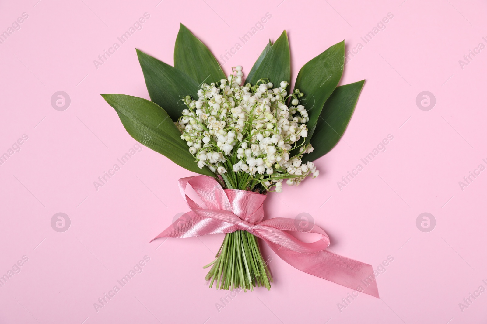 Beautiful lily-of-the-valley flowers on light pink background, top view Photo of Beautiful lily-of-the-valley flowers on light pink background, top view