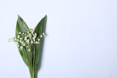 Photo of Beautiful lily-of-the-valley flowers on white background, top view. Space for text