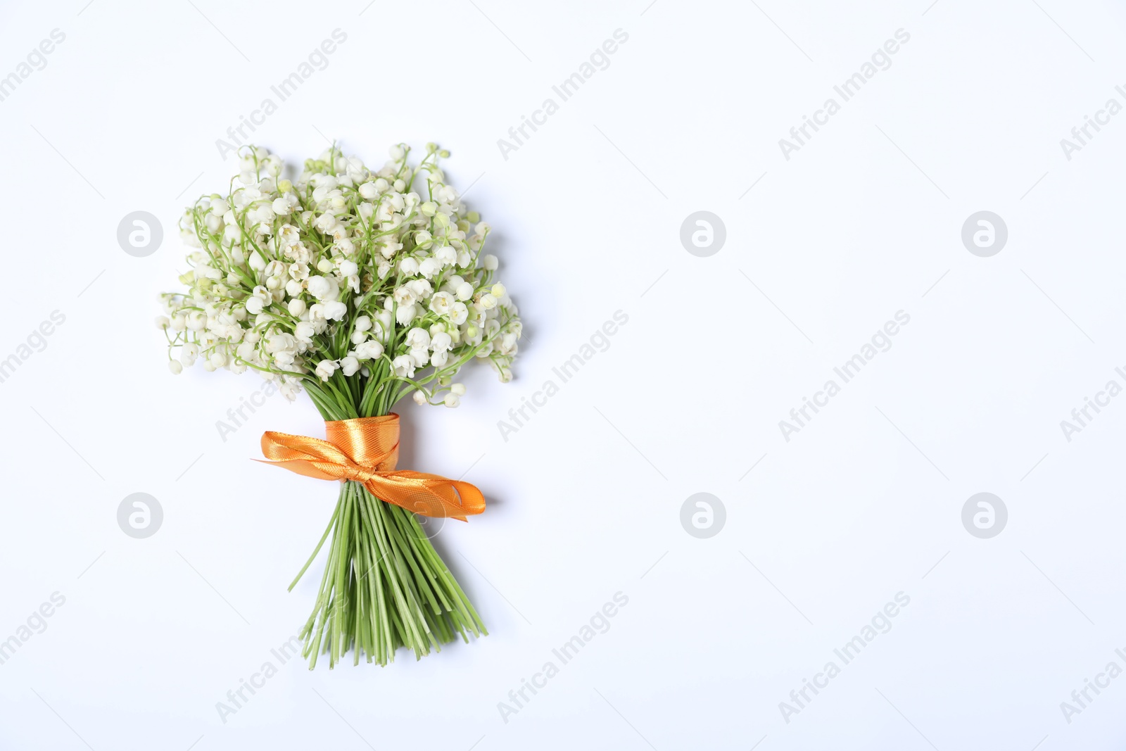 Beautiful lily-of-the-valley flowers on white background, top view. Space for text Photo of Beautiful lily-of-the-valley flowers on white background, top view. Space for text