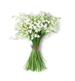 Photo of Bouquet of beautiful lily-of-the-valley flowers isolated on white, top view