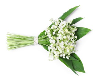 Photo of Bouquet of beautiful lily-of-the-valley flowers isolated on white, top view