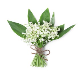 Photo of Bouquet of beautiful lily-of-the-valley flowers isolated on white, top view