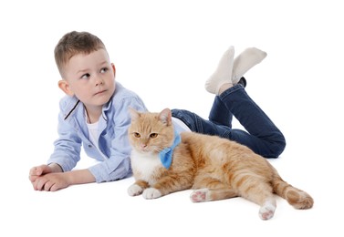 Photo of Little boy with her cute ginger cat on white background