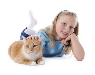 Photo of Little girl with her cute ginger cat on white background
