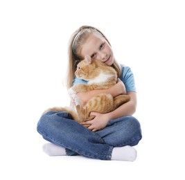 Photo of Little girl with her cute ginger cat on white background