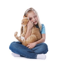 Photo of Little girl with her cute ginger cat on white background