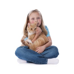 Photo of Little girl with her cute ginger cat on white background