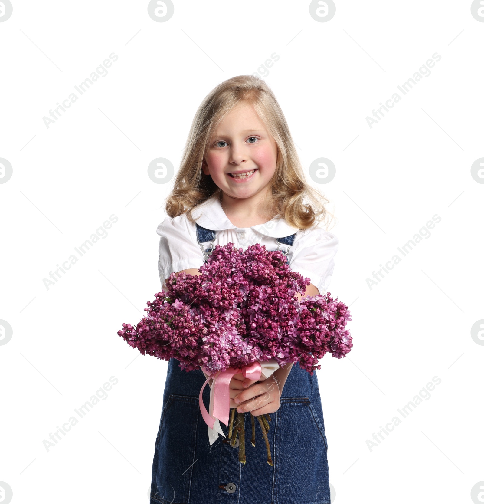 Little girl with bouquet of lilac flowers on white background Photo of Little girl with bouquet of lilac flowers on white background