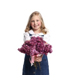 Photo of Little girl with bouquet of lilac flowers on white background