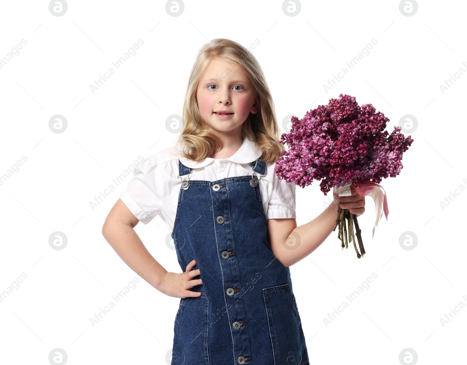 Photo of Little girl with bouquet of lilac flowers on white background