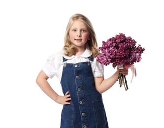 Photo of Little girl with bouquet of lilac flowers on white background