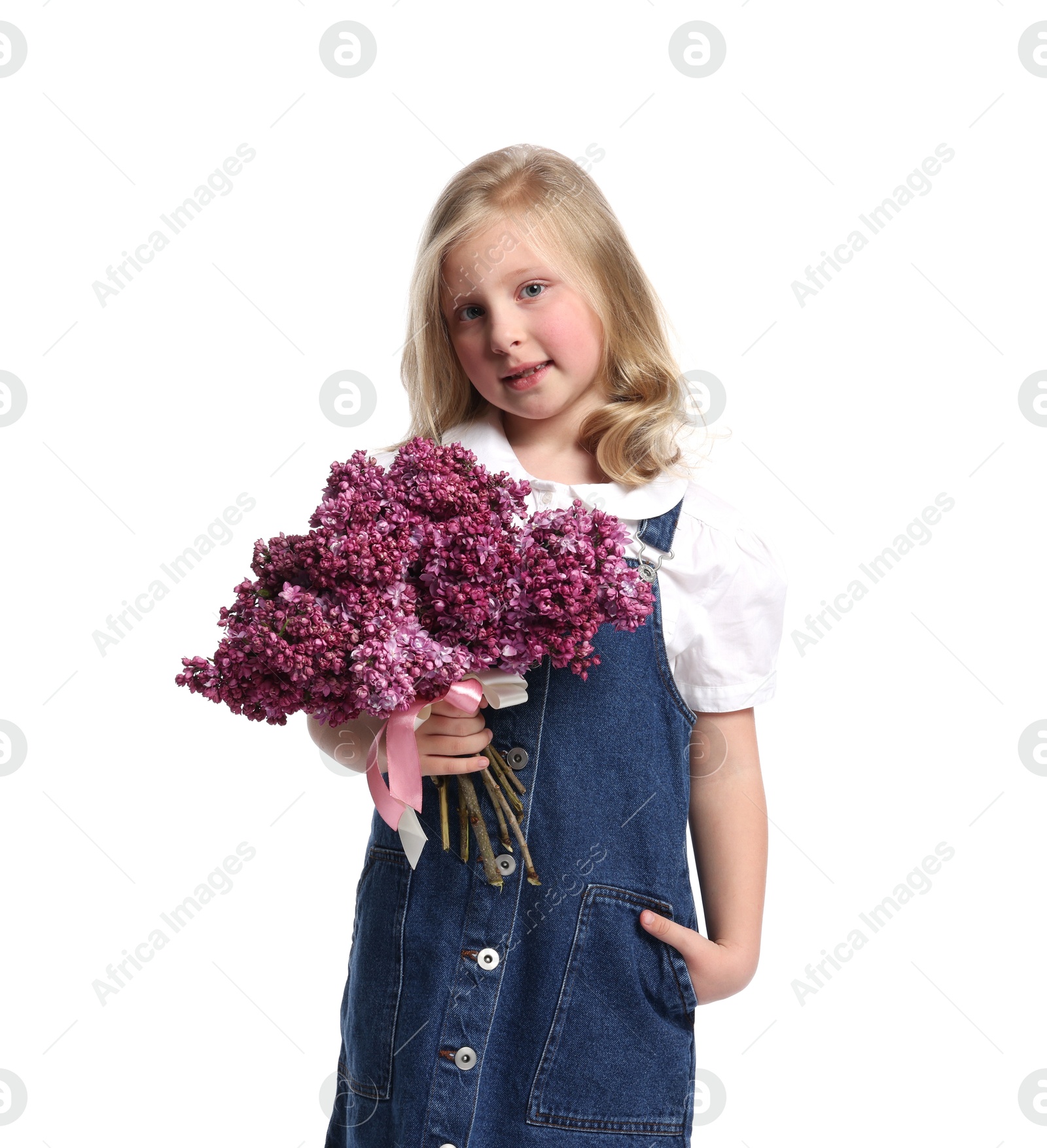 Little girl with bouquet of lilac flowers on white background Photo of Little girl with bouquet of lilac flowers on white background