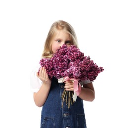 Photo of Little girl with bouquet of lilac flowers on white background