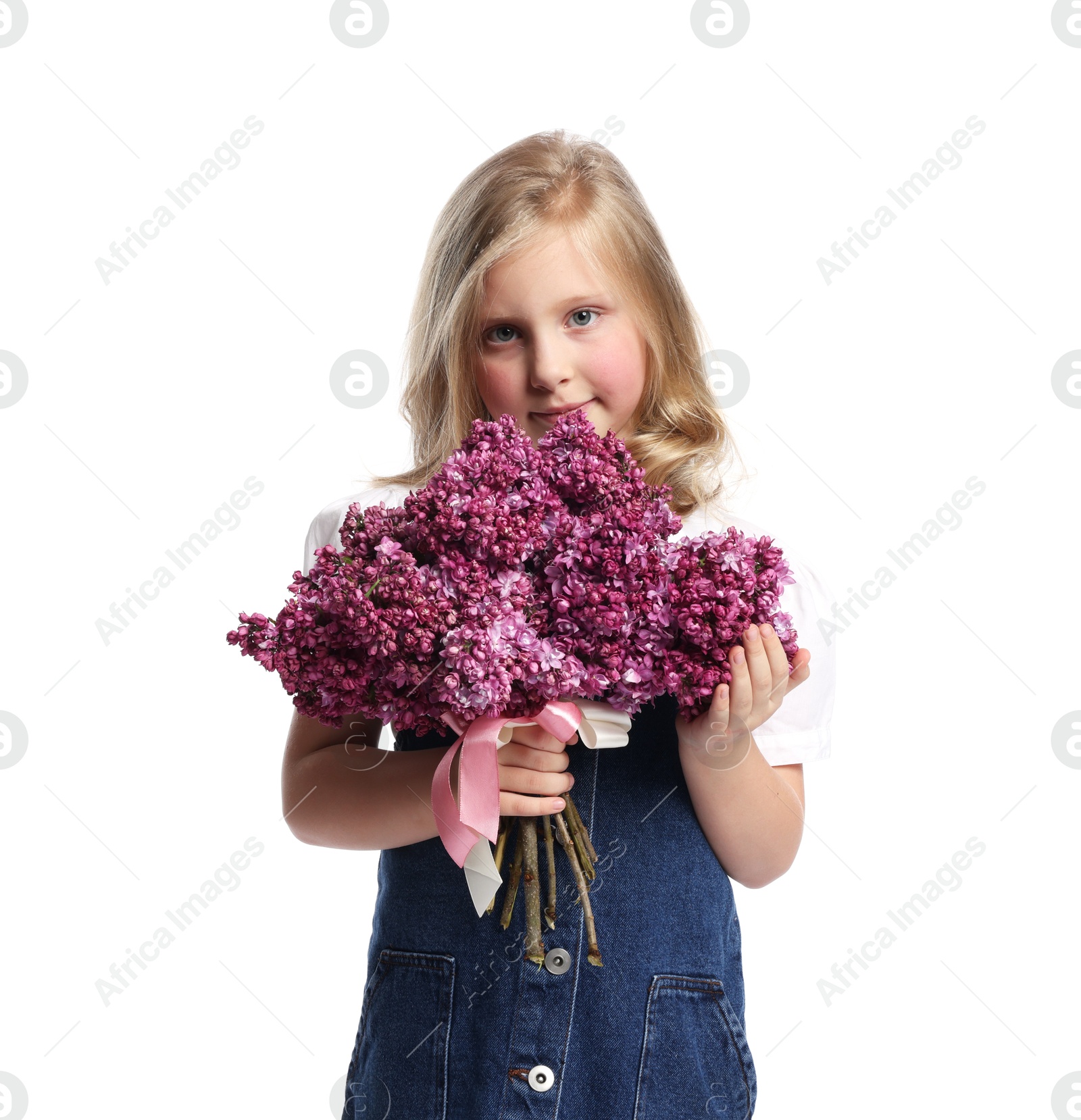 Little girl with bouquet of lilac flowers on white background Photo of Little girl with bouquet of lilac flowers on white background