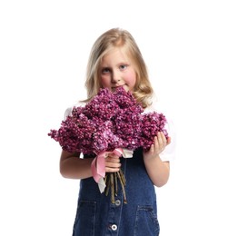 Photo of Little girl with bouquet of lilac flowers on white background