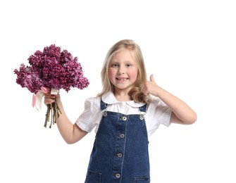 Photo of Little girl with bouquet of lilac flowers showing thumbs up on white background