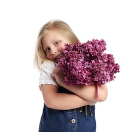 Photo of Little girl with bouquet of lilac flowers on white background