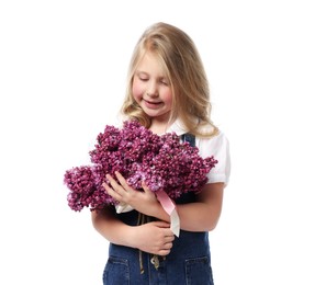 Photo of Little girl with bouquet of lilac flowers on white background