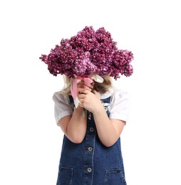 Photo of Little girl with bouquet of lilac flowers on white background