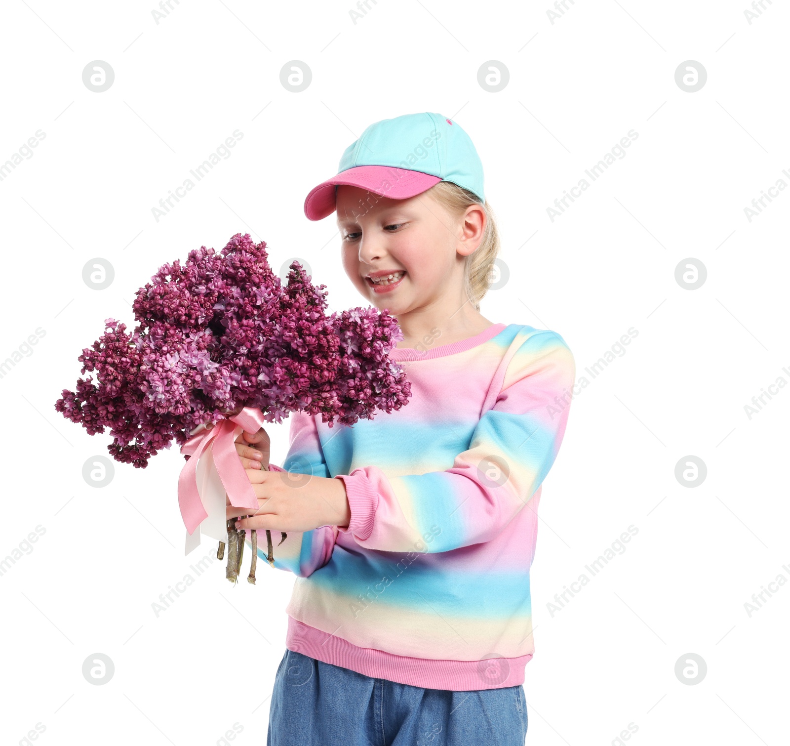 Little girl with bouquet of lilac flowers on white background Photo of Little girl with bouquet of lilac flowers on white background