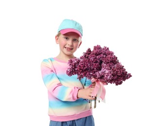 Photo of Little girl with bouquet of lilac flowers on white background