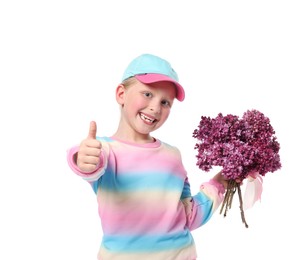 Photo of Little girl with bouquet of lilac flowers showing thumbs up on white background