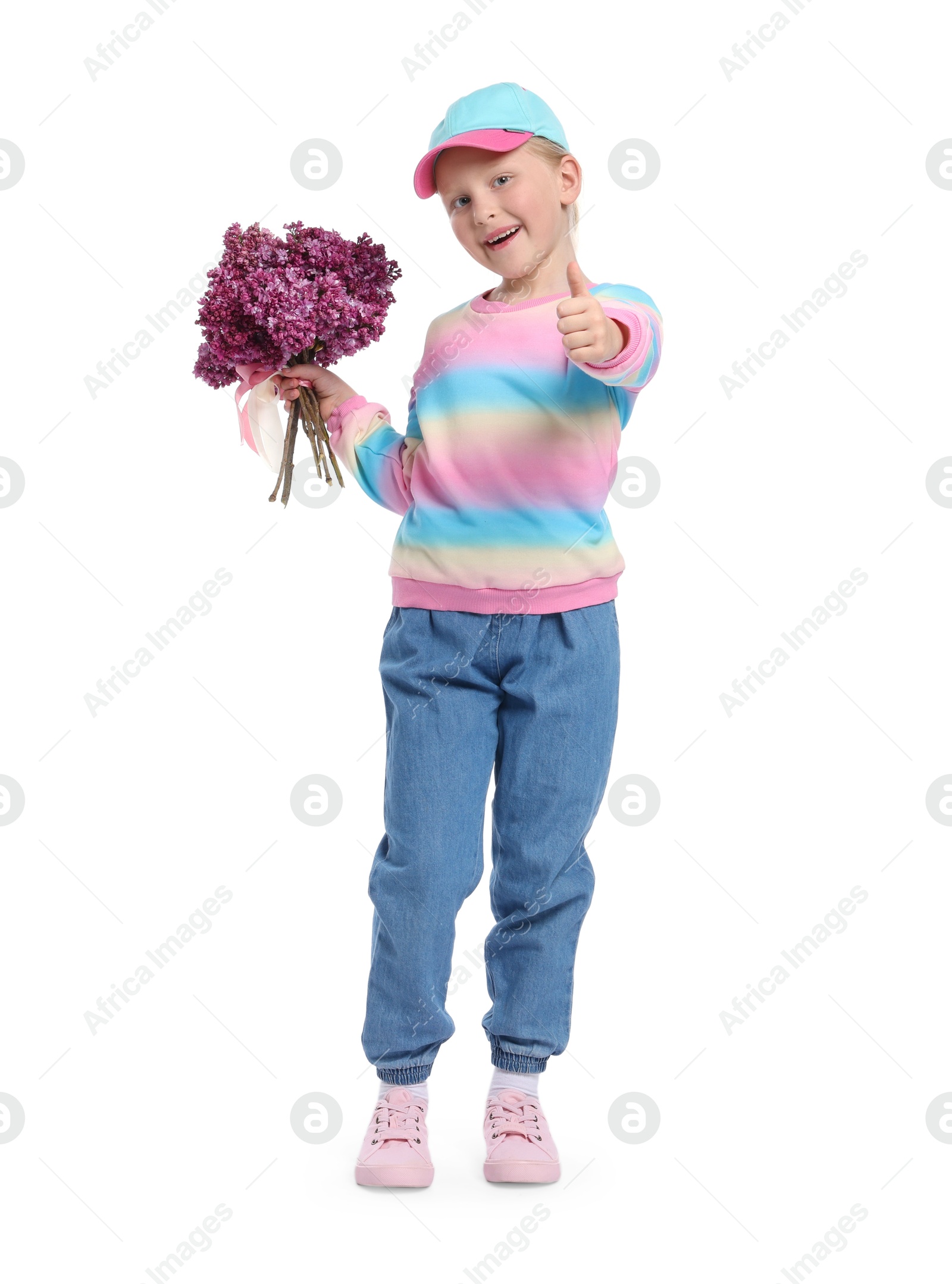 Photo of Little girl with bouquet of lilac flowers showing thumbs up on white background