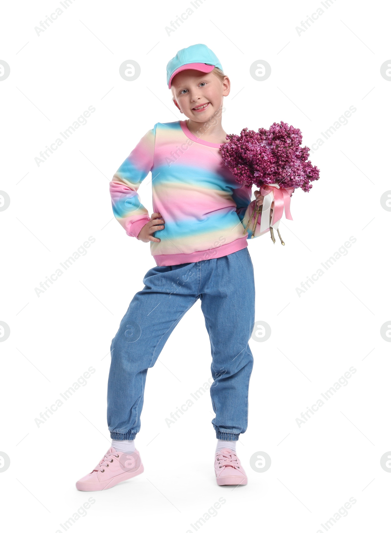 Little girl with bouquet of lilac flowers on white background Photo of Little girl with bouquet of lilac flowers on white background