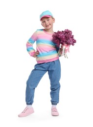 Photo of Little girl with bouquet of lilac flowers on white background