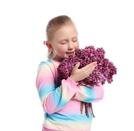Photo of Little girl with bouquet of lilac flowers on white background