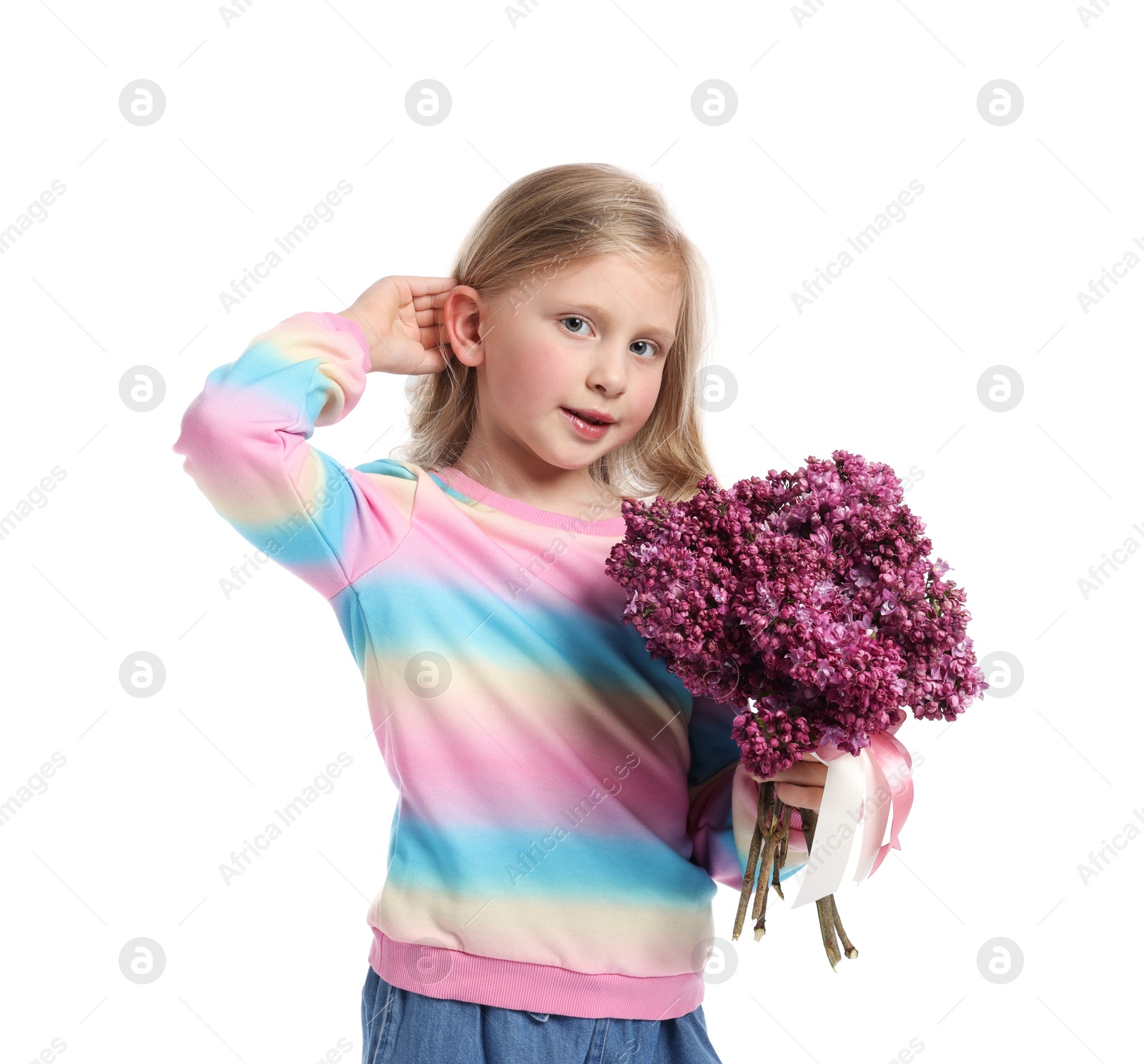 Little girl with bouquet of lilac flowers on white background Photo of Little girl with bouquet of lilac flowers on white background