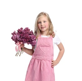 Photo of Little girl with bouquet of lilac flowers on white background