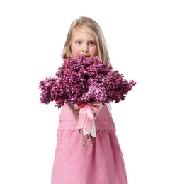 Photo of Little girl with bouquet of lilac flowers on white background