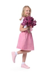 Photo of Little girl with bouquet of lilac flowers on white background