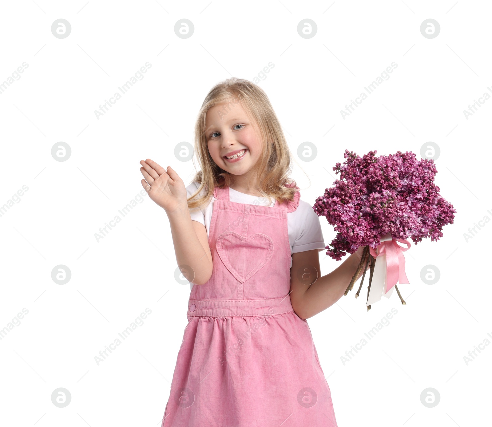 Little girl with bouquet of lilac flowers on white background Photo of Little girl with bouquet of lilac flowers on white background