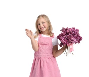 Photo of Little girl with bouquet of lilac flowers on white background