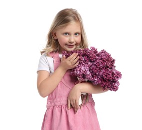 Photo of Little girl with bouquet of lilac flowers on white background