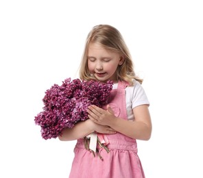 Photo of Little girl with bouquet of lilac flowers on white background