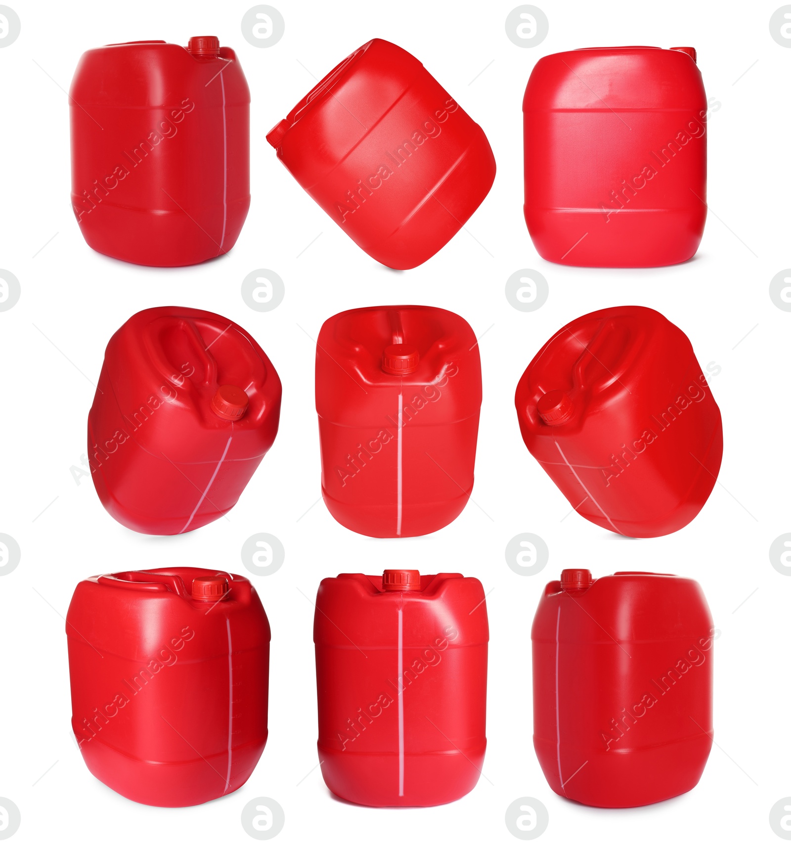 Plastic canister on white background, collage. View from different sides Image of Plastic canister on white background, collage. View from different sides