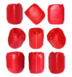 Image of Plastic canister on white background, collage. View from different sides